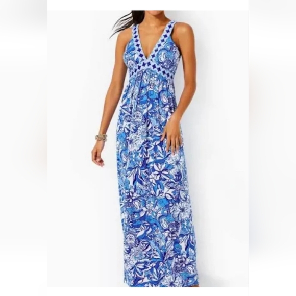NWT Lilly Pulitzer Serena V-neck Maxi Dress Blue Tang Flocking Fabulous Size 10 - Picture 1 of 6